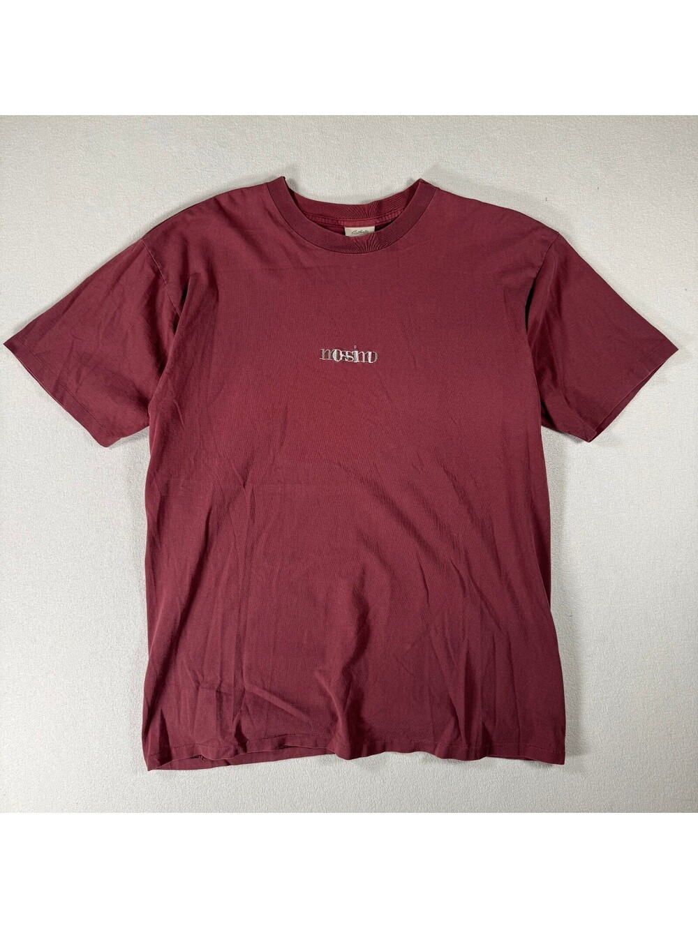 Vintage 90s Mossimo Burgundy Embroidered Logo T-Shirt Made in Canada Size Large